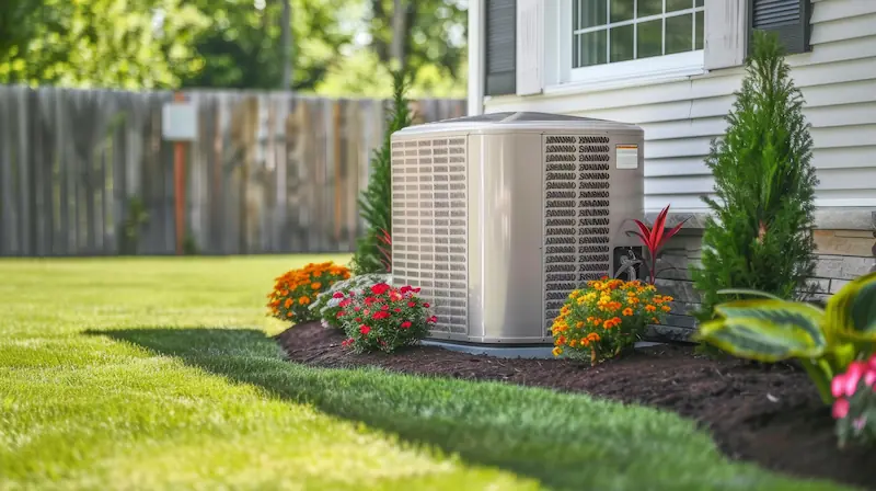 High-efficiency outdoor air conditioning condenser unit installed at a residential home.
