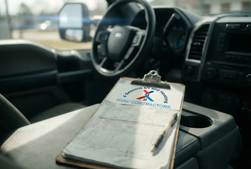 4 Seasons A/C and Heating service clipboard in work truck
