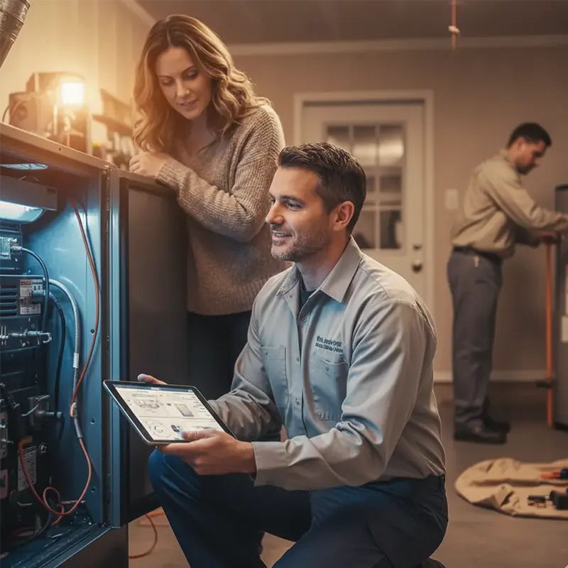 Professional HVAC technician performing a maintenance check on a residential furnace.