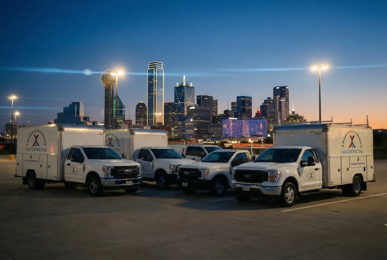 Yamilkar Perez, founder of 4 Seasons A/C and Heating, standing in front of company van with Dallas skyline.