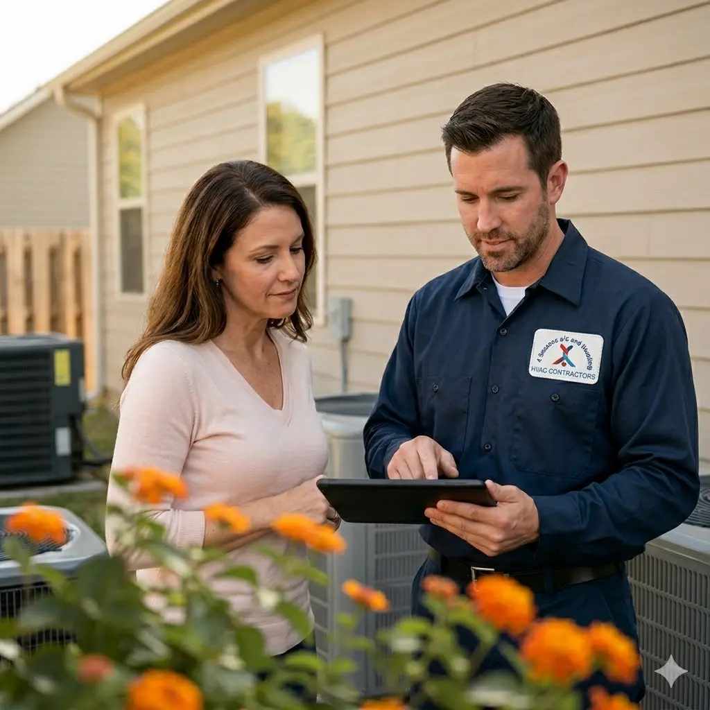 HVAC technician explaining energy-efficient AC installation options to a homeowner during a consultation