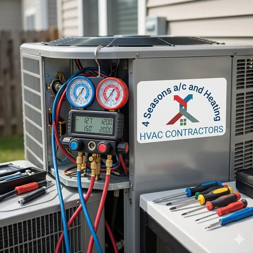HVAC technician using diagnostic equipment to repair a residential air conditioning unit