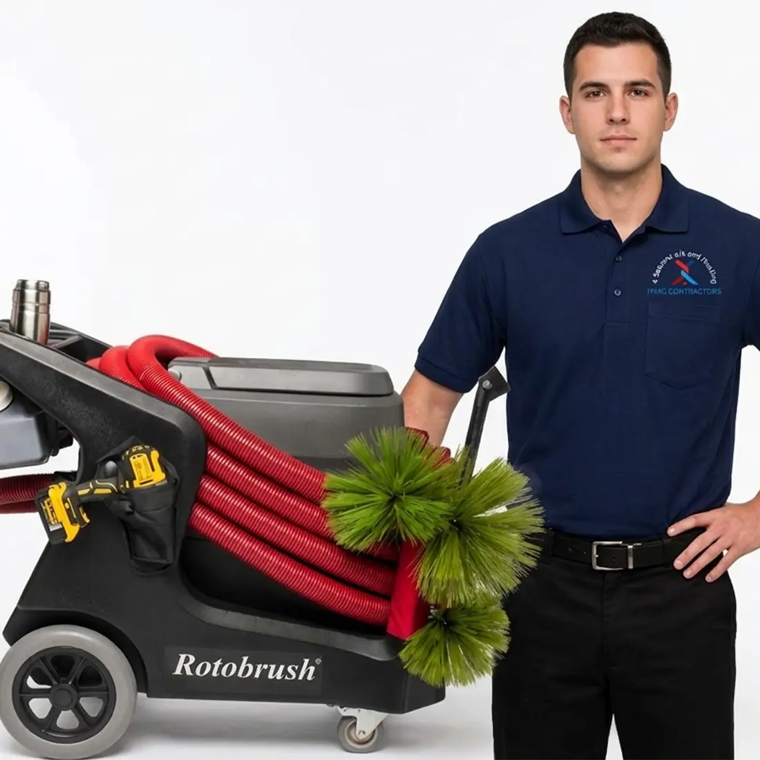 Professional HVAC technician performing air duct cleaning and sanitation in a residential home