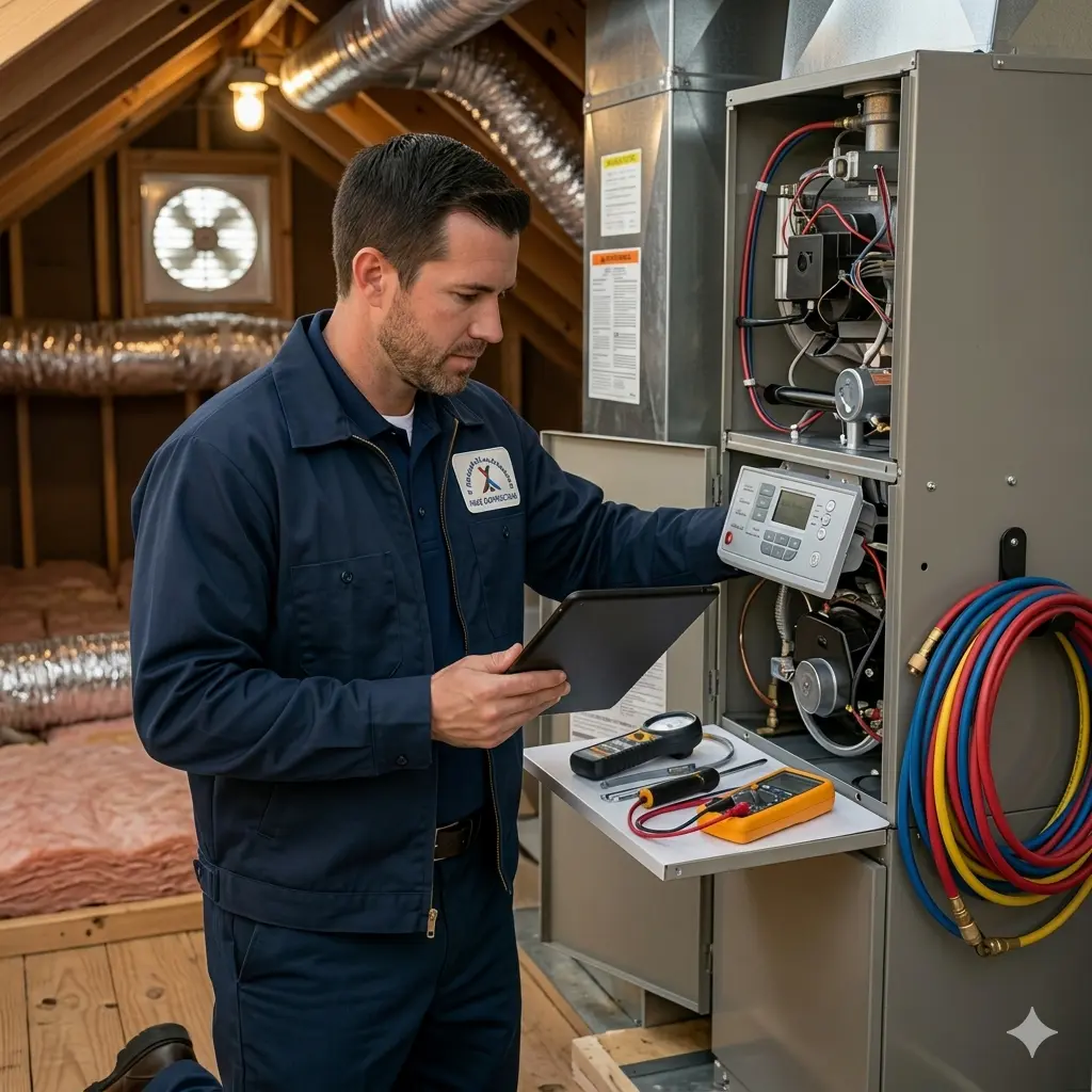 Professional HVAC technician in uniform diagnosing and repairing a residential heating system