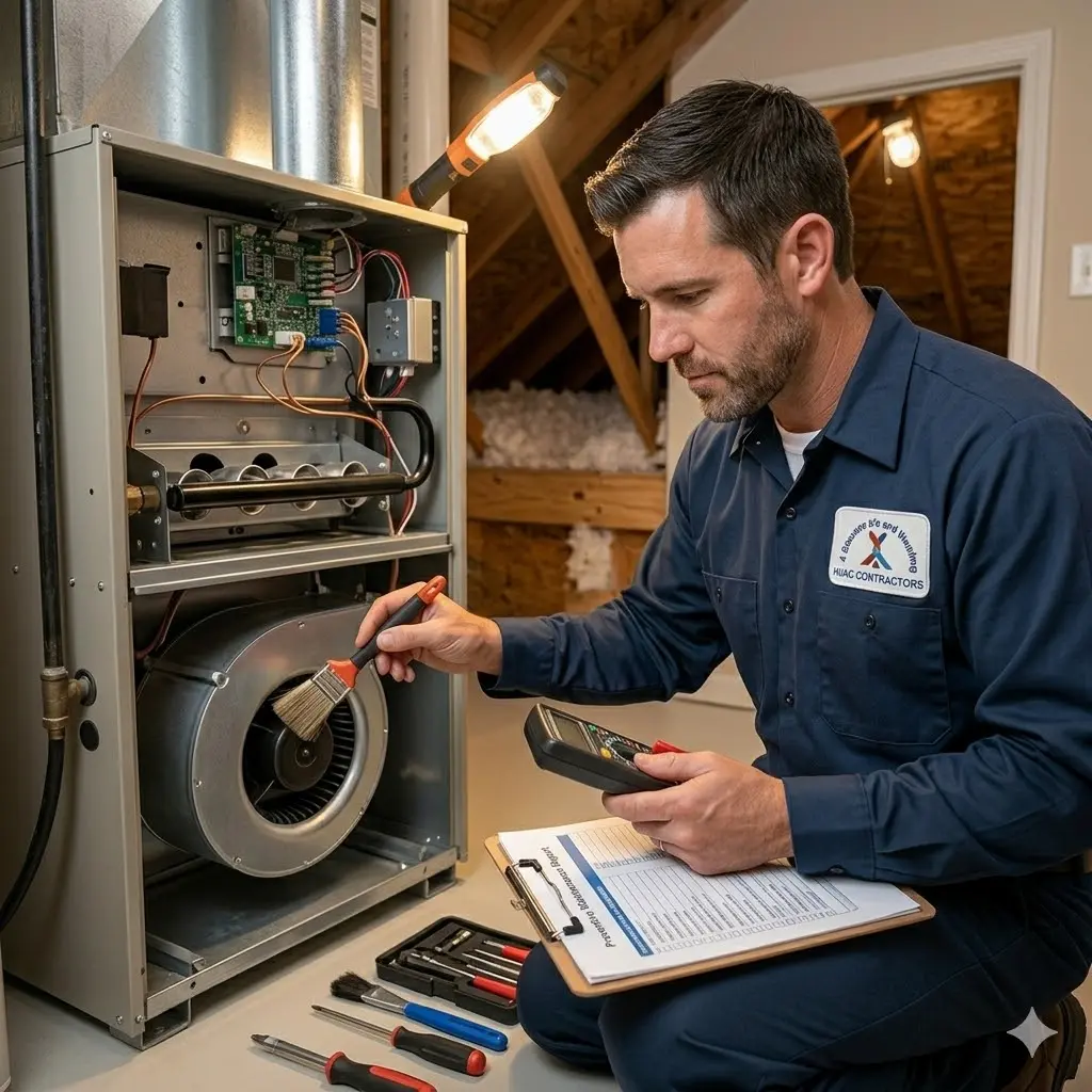 HVAC technician performing preventive maintenance inspection on a residential furnace system