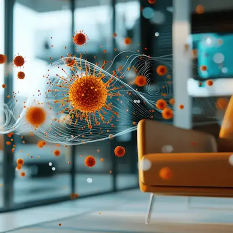 Conceptual visualization of microscopic airborne pollutants being filtered in a modern living room with air purification system